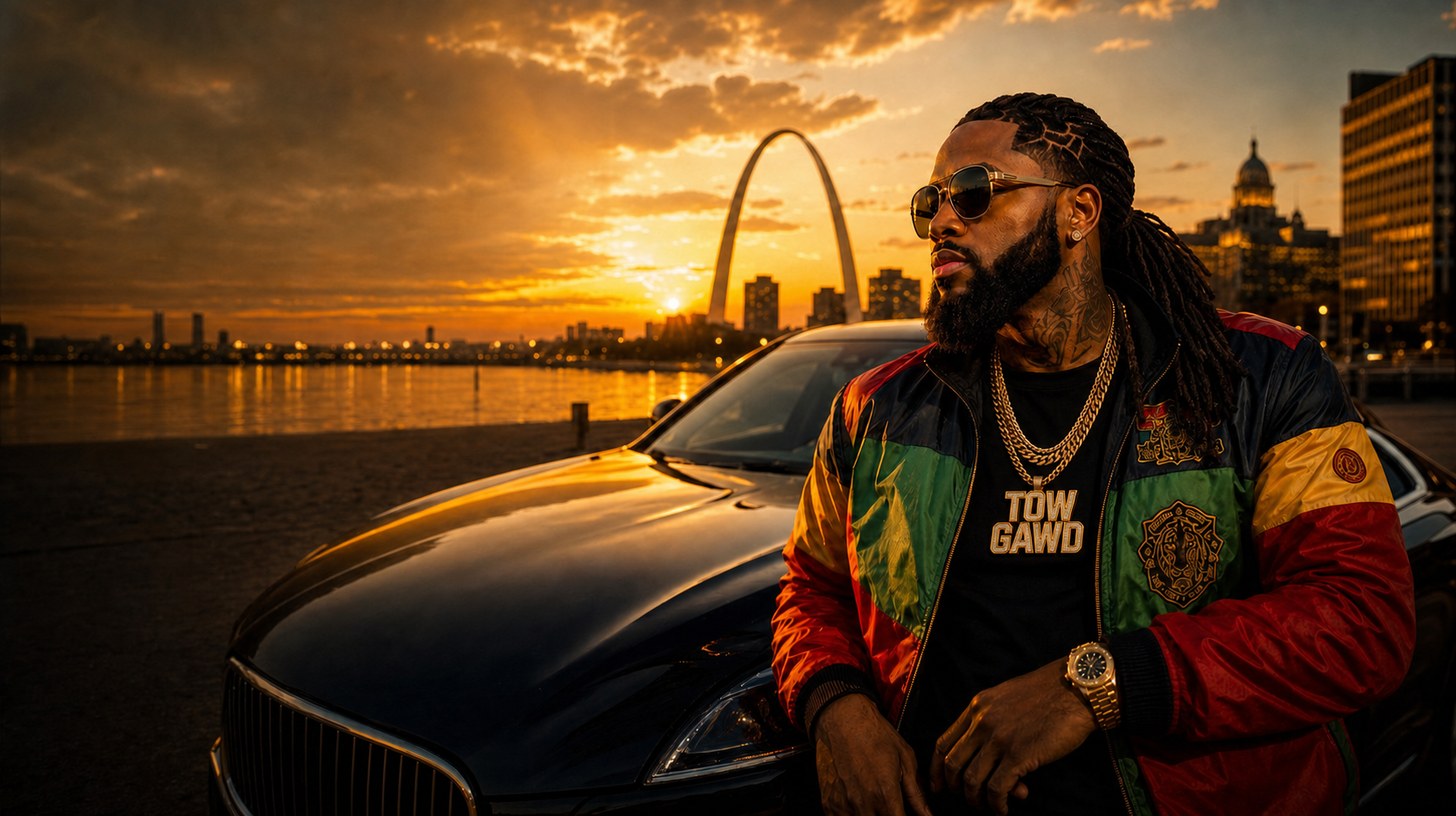 Tow Gawd on the St. Louis riverfront at sunset, the Gateway Arch behind him
