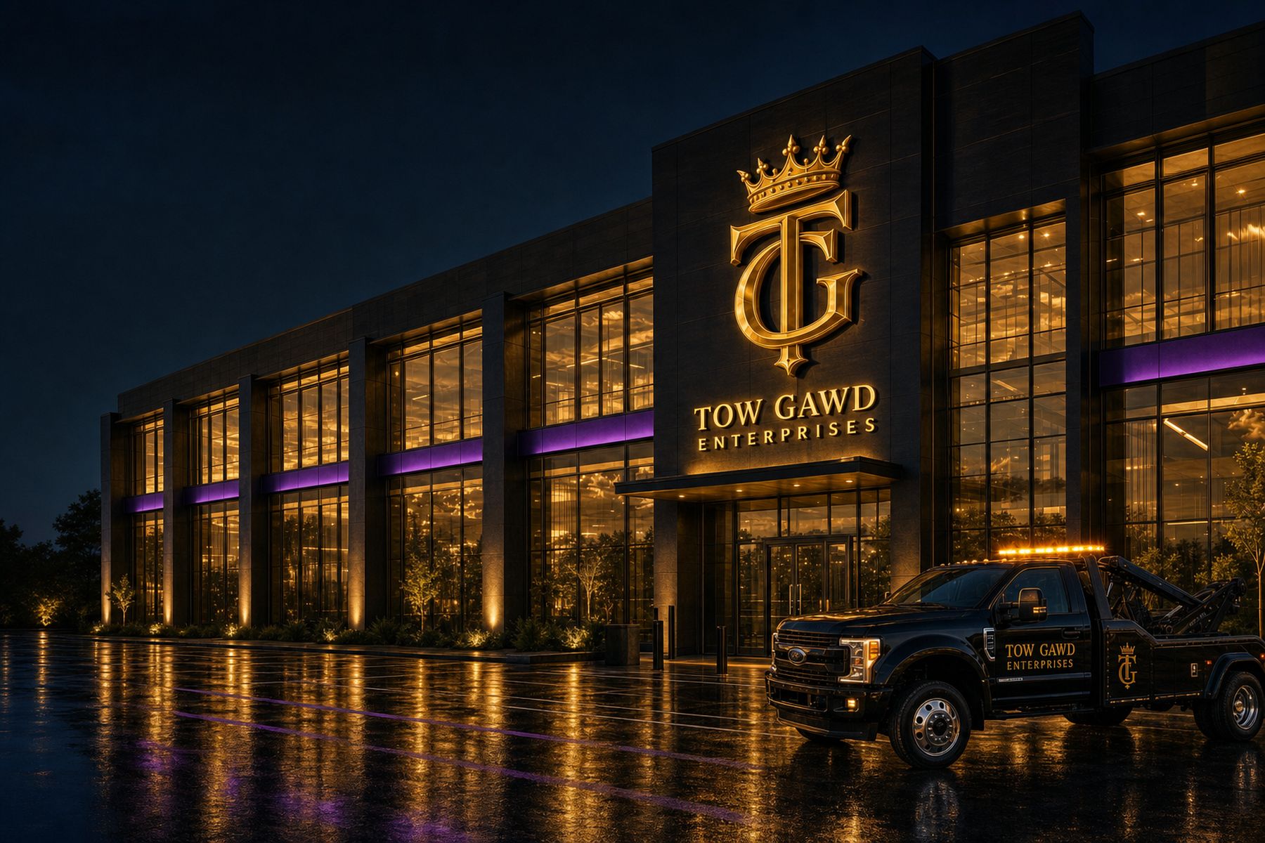 The Tow Gawd Enterprises building at night with purple accent lighting