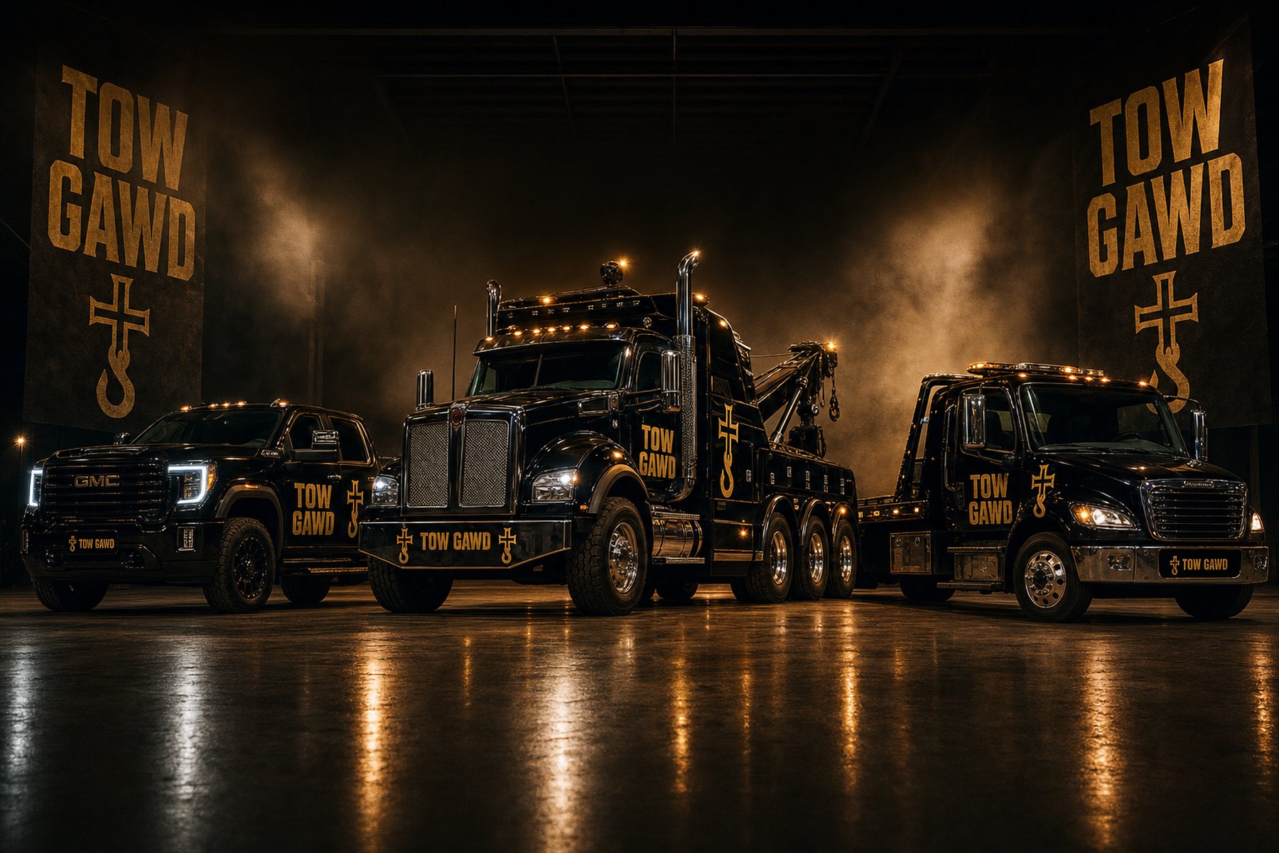 Three Tow Gawd branded trucks lined up in a dark warehouse under amber light