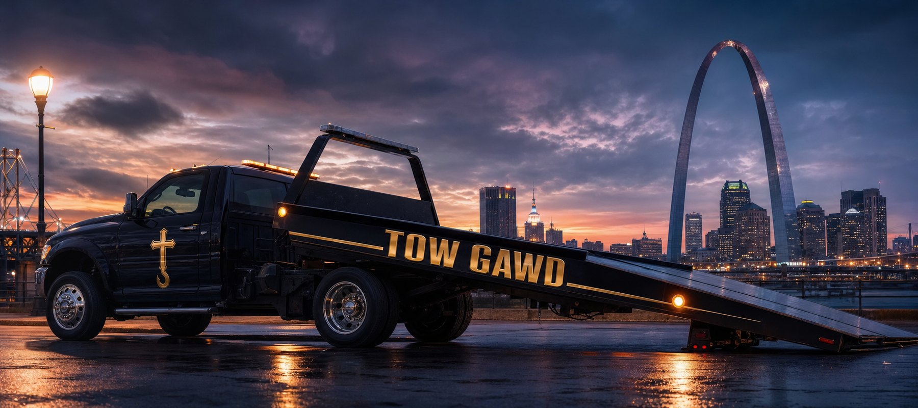 Black rollback flatbed with gold Tow Gawd rail lettering in front of the Gateway Arch
