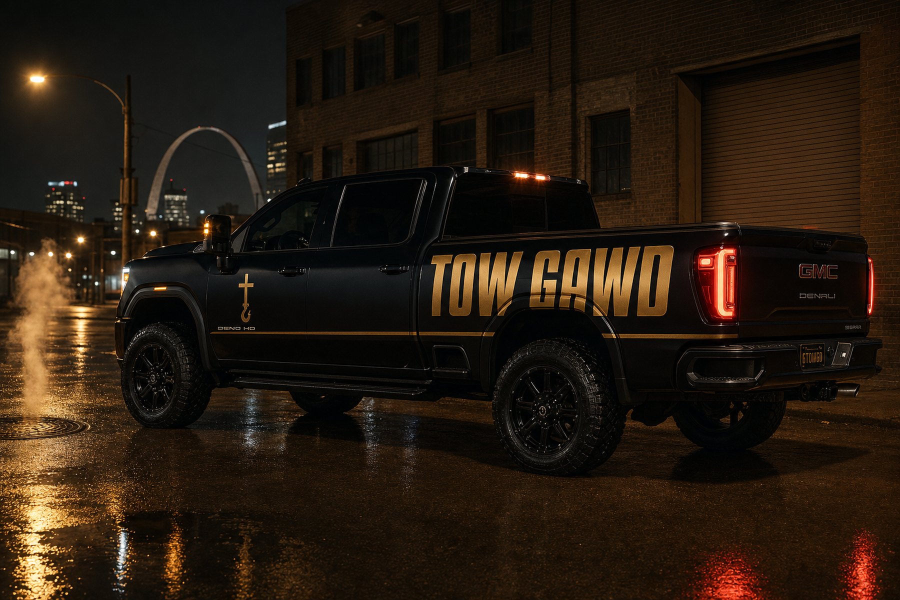 Blacked-out GMC Sierra Denali with gold Tow Gawd livery on wet St. Louis pavement