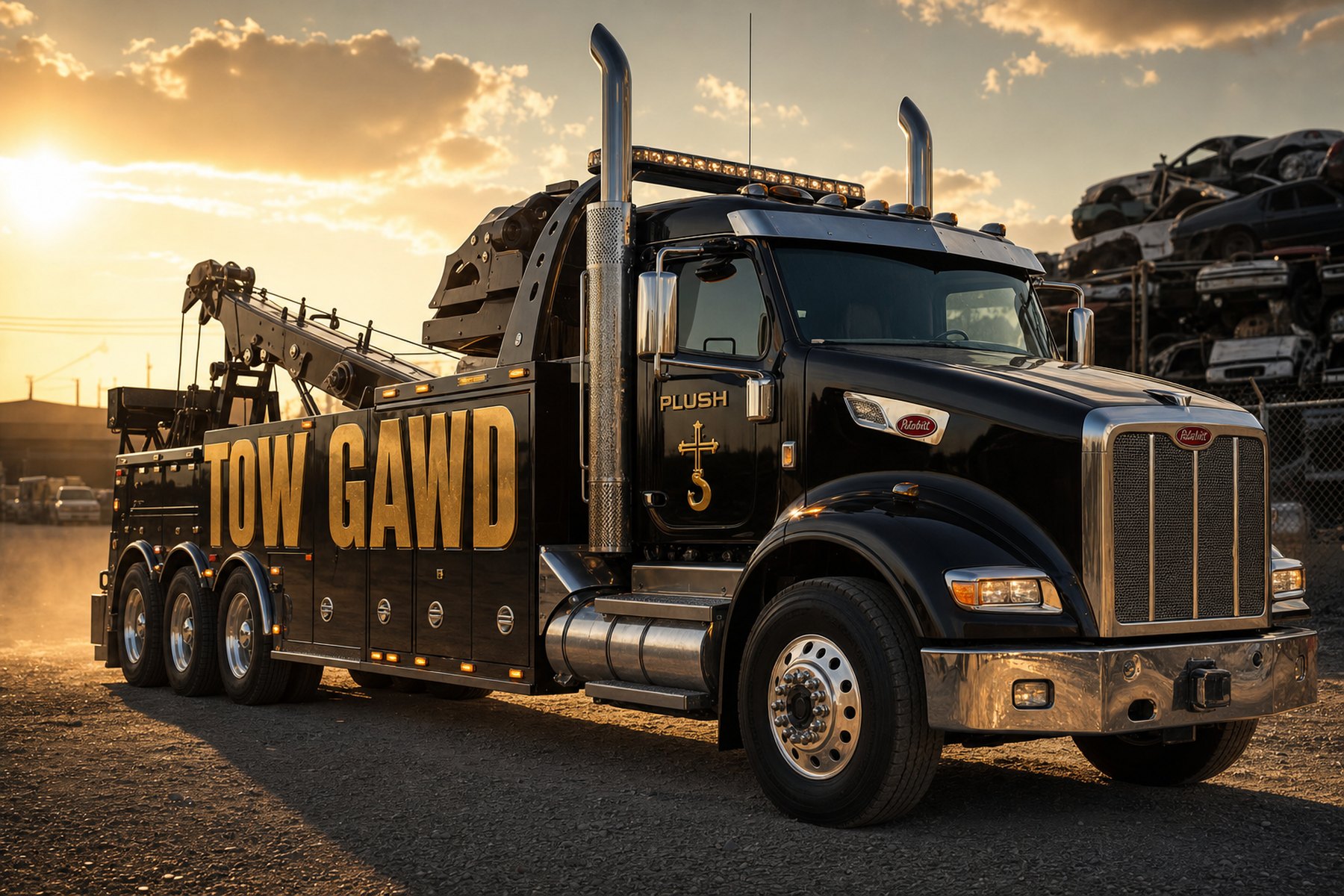 Heavy-duty integrated wrecker with gold Tow Gawd lettering down the boom bed